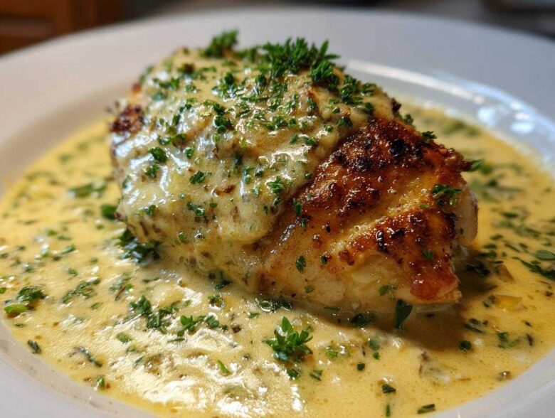 A perfectly seared chicken breast smothered in a rich, creamy lemon sauce and topped with fresh herbs.