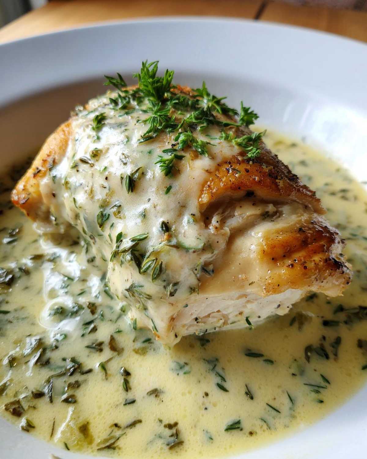 A perfectly cooked chicken breast covered in a rich, creamy lemon sauce loaded with fresh herbs.