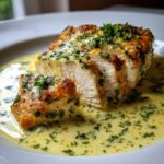 Close-up of sliced Creamy Lemon Chicken Skillet, showing juicy white meat submerged in a rich lemon sauce topped with fresh herbs.