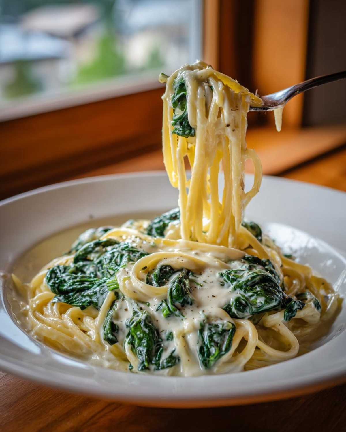 A fork lifts a twirl of pasta coated in creamy sauce and spinach from a bowl of Creamy Lemon Ricotta Pasta with Spinach.
