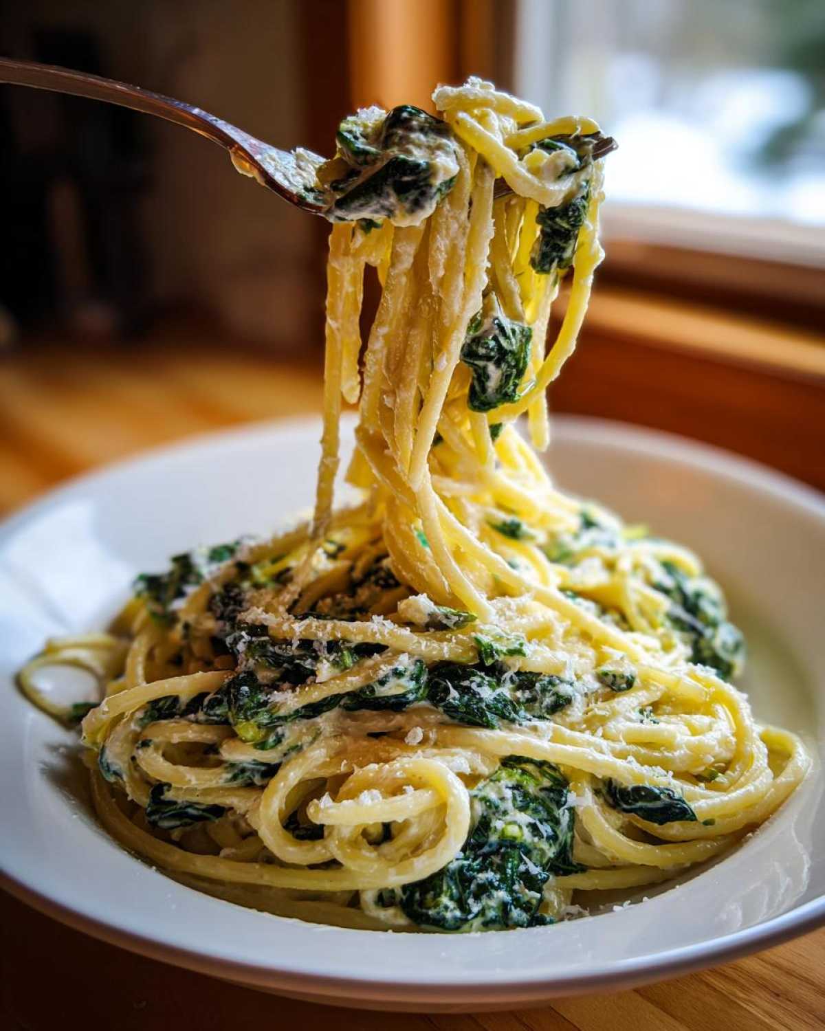 A fork lifts a generous portion of Creamy Lemon Ricotta Pasta with Spinach from a white bowl.