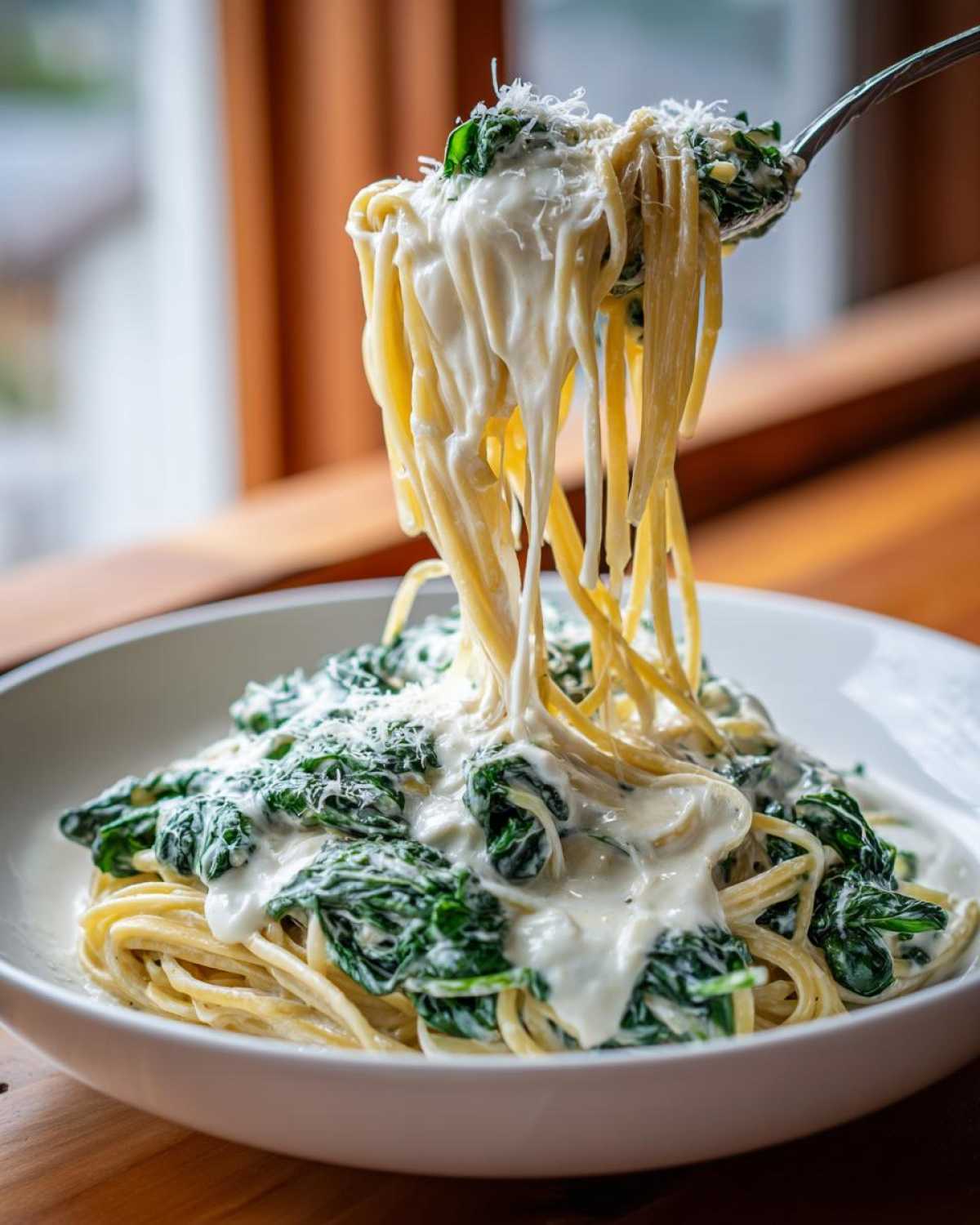 A fork lifting long strands of Creamy Lemon Ricotta Pasta with Spinach coated in a rich white sauce.