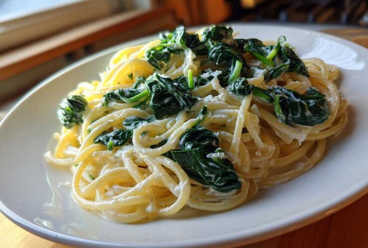 A close-up of Creamy Lemon Ricotta Pasta with Spinach tossed with spaghetti, served on a white plate.