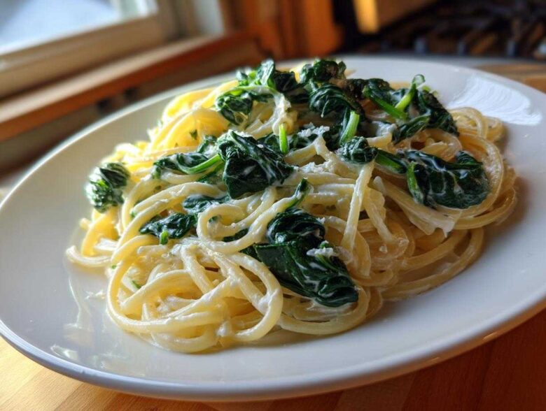 A close-up of Creamy Lemon Ricotta Pasta with Spinach tossed with spaghetti, served on a white plate.