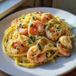 A plate of Creamy Lemon Shrimp Pasta with Garlic Sauce, featuring plump shrimp and fresh parsley garnish.