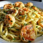 Close-up of a plate of Creamy Lemon Shrimp Pasta with Garlic Sauce, topped with perfectly cooked shrimp and fresh parsley.