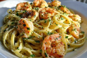 Close-up of a plate of Creamy Lemon Shrimp Pasta with Garlic Sauce, topped with perfectly cooked shrimp and fresh parsley.