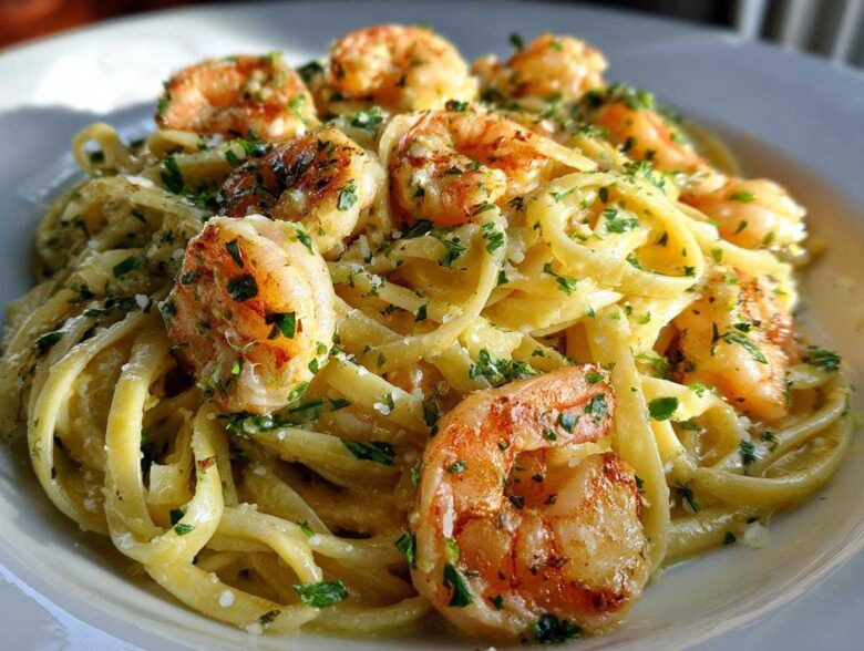 Close-up of a plate of Creamy Lemon Shrimp Pasta with Garlic Sauce, topped with perfectly cooked shrimp and fresh parsley.