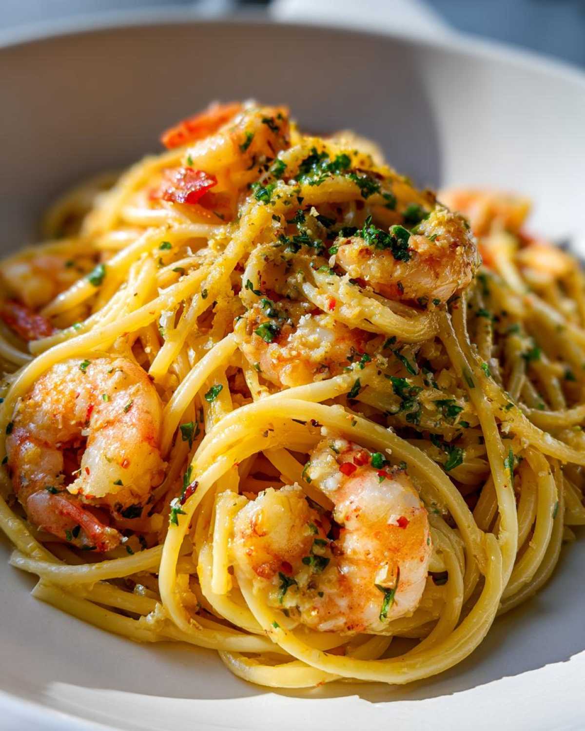 Close-up of a bowl filled with Creamy Lemon Shrimp Pasta with Garlic Sauce, topped with parsley and red pepper flakes.