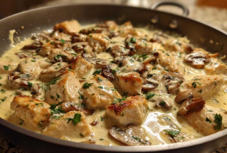 Close-up of seared chicken pieces and sliced mushrooms coated in a rich, creamy sauce in the Creamy Mushroom Alfredo Chicken Skillet.