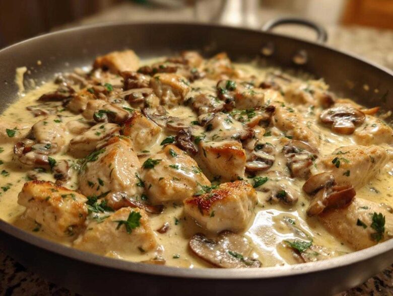 Close-up of seared chicken pieces and sliced mushrooms coated in a rich, creamy sauce in the Creamy Mushroom Alfredo Chicken Skillet.