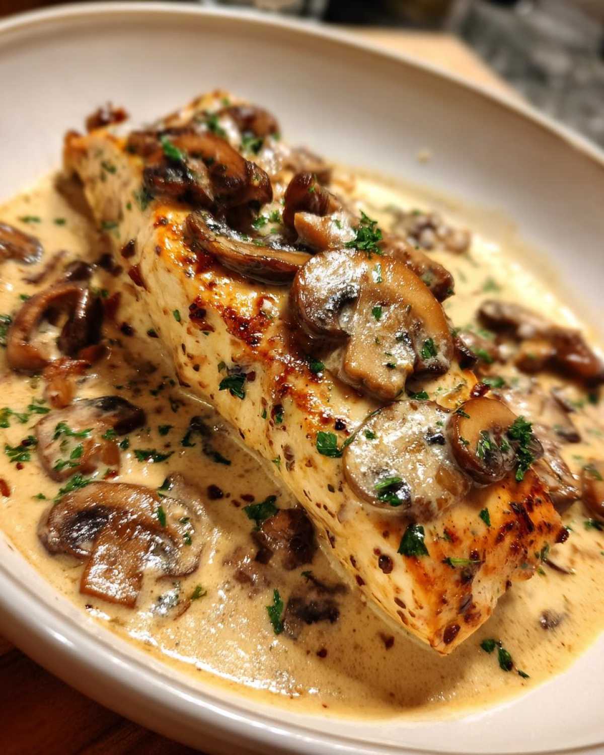 A perfectly cooked chicken breast smothered in a rich, creamy mushroom sauce and garnished with fresh parsley.
