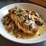 A perfectly cooked chicken breast smothered in a rich, creamy mushroom chicken sauce and topped with fresh parsley.