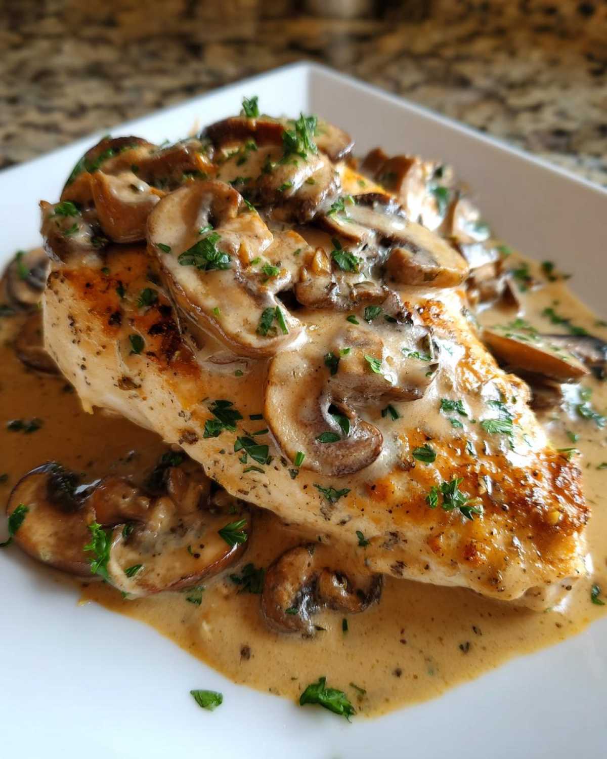 Close-up of a pan-seared chicken breast smothered in a rich, creamy mushroom chicken sauce and garnished with parsley.