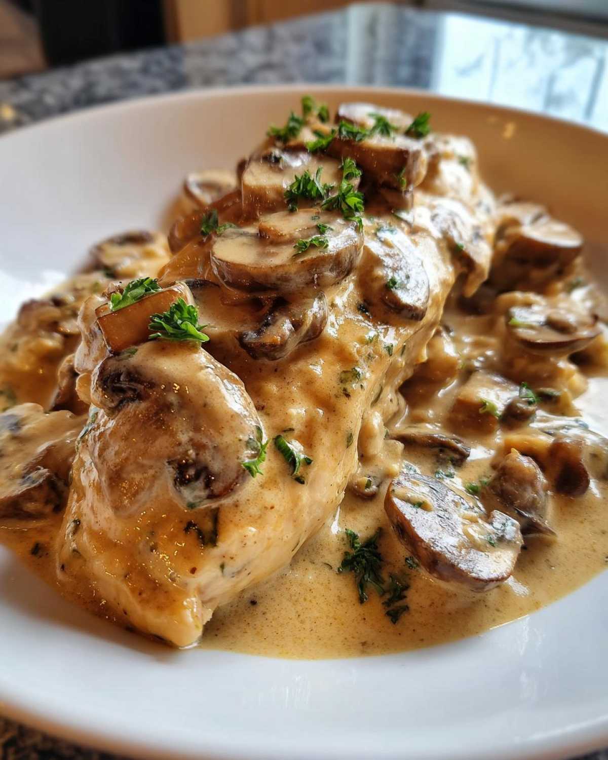 A close-up of a chicken breast smothered in a rich, creamy mushroom sauce and garnished with fresh parsley.