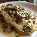 Close-up of a tender chicken breast smothered in a rich, creamy mushroom sauce and garnished with parsley.