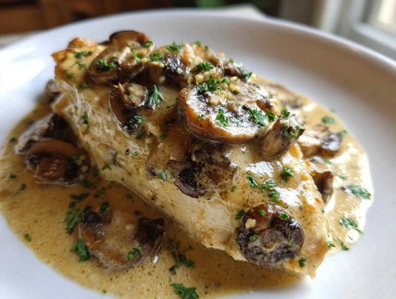 Close-up of a tender chicken breast smothered in a rich, creamy mushroom sauce and garnished with parsley.