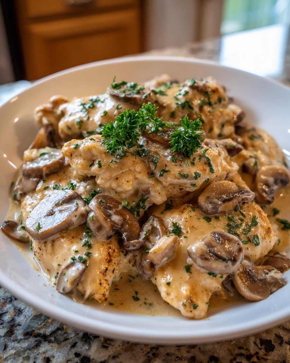 Plated pieces of pan-seared chicken smothered in a rich, creamy mushroom sauce and garnished with fresh parsley.