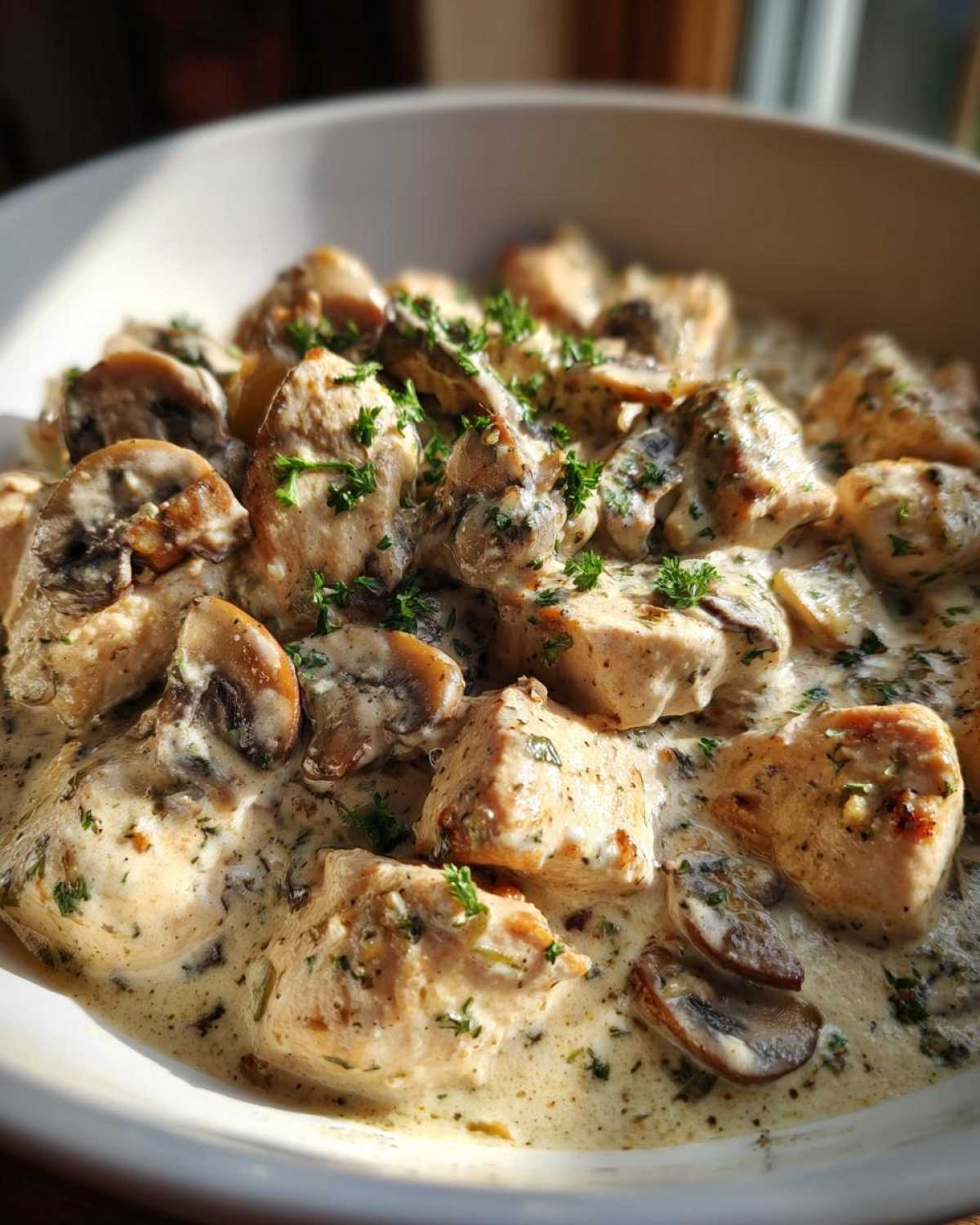 Close-up of tender chicken pieces and sliced mushrooms smothered in a rich, creamy sauce, perfect for a Creamy Mushroom Chicken Skillet Easy Dinner.