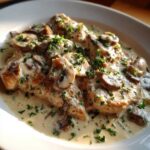 Close-up of tender chicken breasts smothered in a rich, creamy mushroom sauce and garnished with fresh parsley for a Creamy Mushroom Chicken Skillet Easy Dinner.
