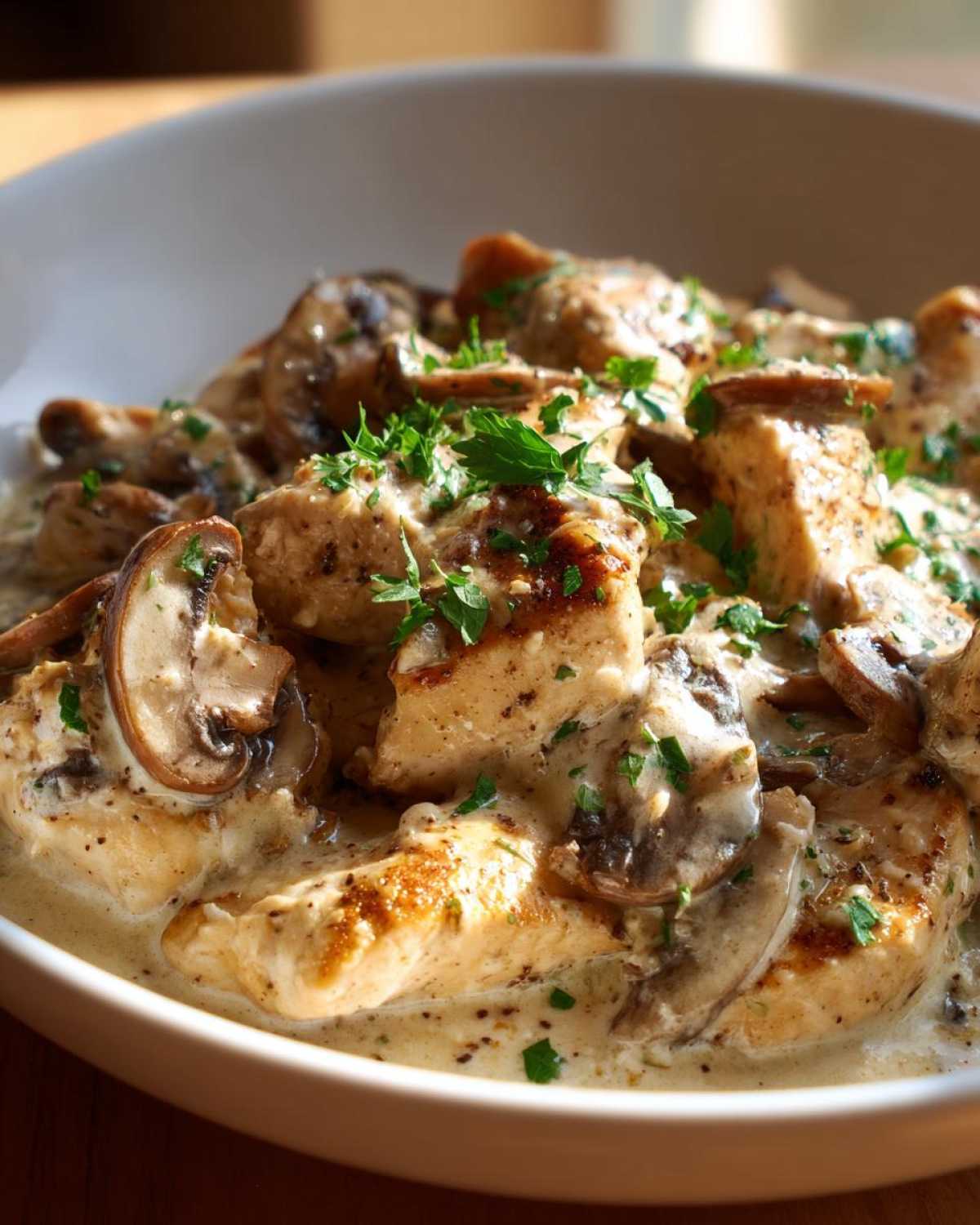 Close-up of seared chicken pieces smothered in a rich, creamy mushroom sauce, garnished with fresh parsley.