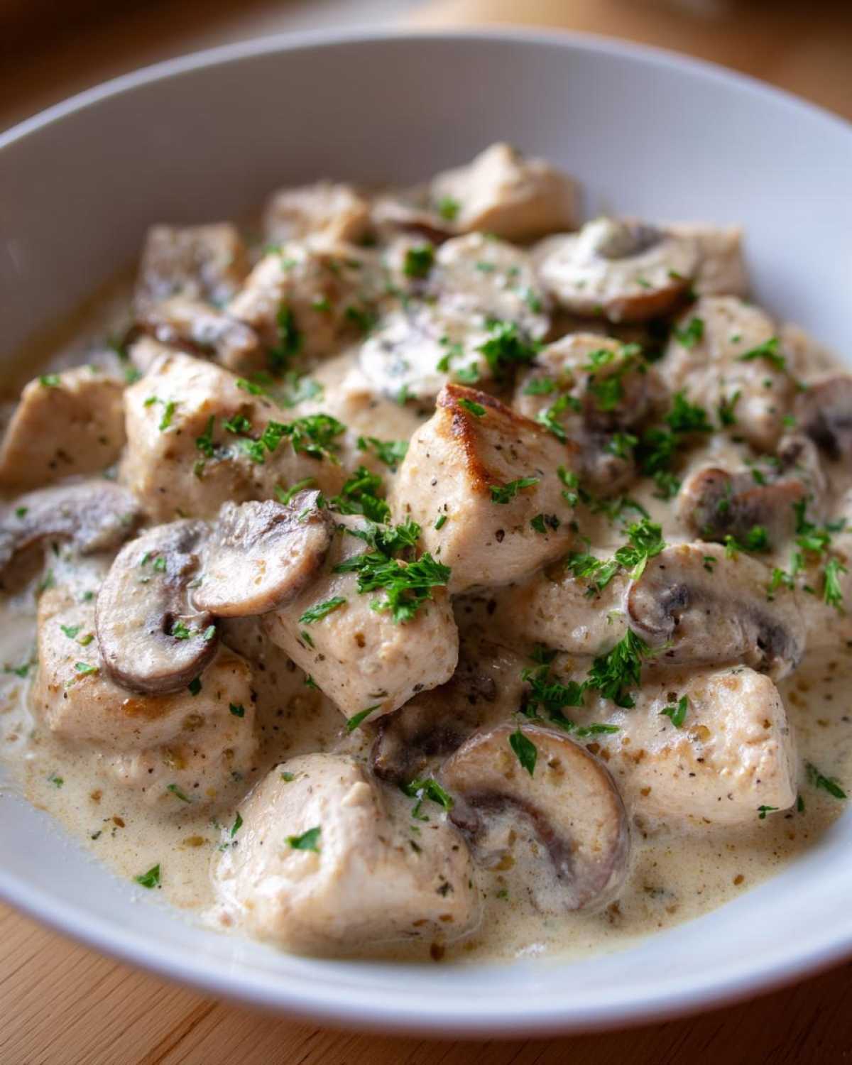 Close-up of tender chicken pieces and sliced mushrooms coated in a rich, creamy sauce, perfect for a Creamy Mushroom Chicken Skillet Easy Dinner.