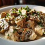 Close-up of Creamy Mushroom Chicken Skillet Easy Dinner, featuring chicken pieces and sliced mushrooms in a rich sauce, topped with parsley.