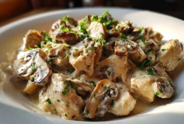 Close-up of Creamy Mushroom Chicken Skillet Easy Dinner, featuring chicken pieces and sliced mushrooms in a rich sauce, topped with parsley.