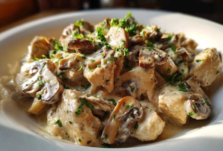Close-up of Creamy Mushroom Chicken Skillet Easy Dinner, featuring chicken pieces and sliced mushrooms in a rich sauce, topped with parsley.