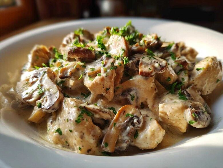 Close-up of Creamy Mushroom Chicken Skillet Easy Dinner, featuring chicken pieces and sliced mushrooms in a rich sauce, topped with parsley.