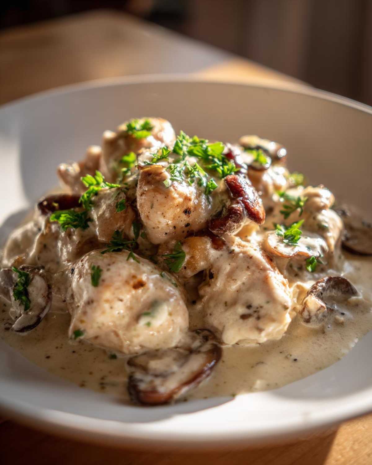 Close-up of tender chicken pieces smothered in a rich, creamy mushroom sauce, garnished with fresh parsley, perfect for a Creamy Mushroom Chicken Skillet Easy Dinner.