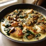 Close-up of seared chicken breasts in a creamy sauce with mushrooms and spinach: Creamy Mushroom and Spinach Chicken Skillet.