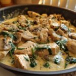 Close-up of chunks of chicken breast simmering in a rich, creamy sauce with sliced mushrooms and wilted spinach in a dark skillet.