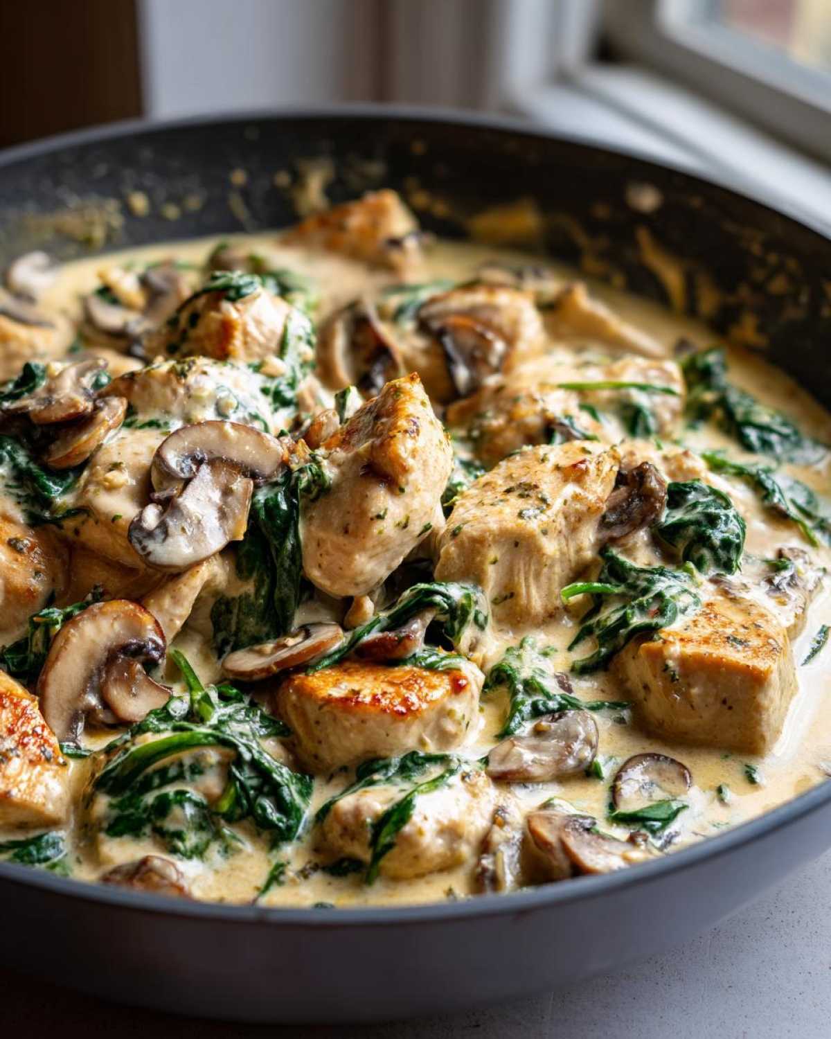Close-up of seared chicken pieces in a creamy sauce with spinach and sliced mushrooms, part of the Creamy Mushroom and Spinach Chicken Skillet.