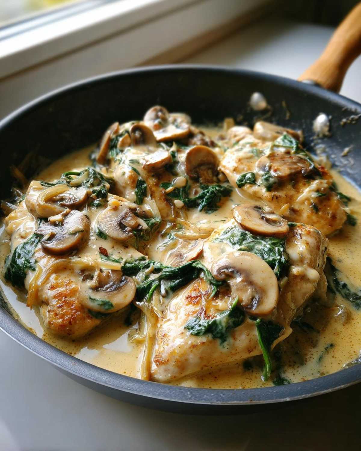 Close-up of seared chicken breasts smothered in a creamy sauce with mushrooms and spinach in a black skillet.