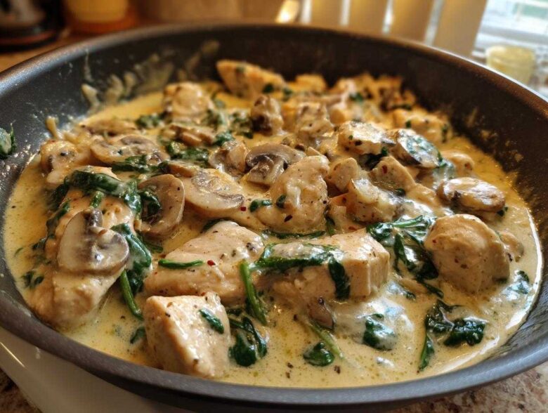 Close-up of chunks of chicken breast simmering in a rich, creamy sauce with sliced mushrooms and wilted spinach in a dark skillet.