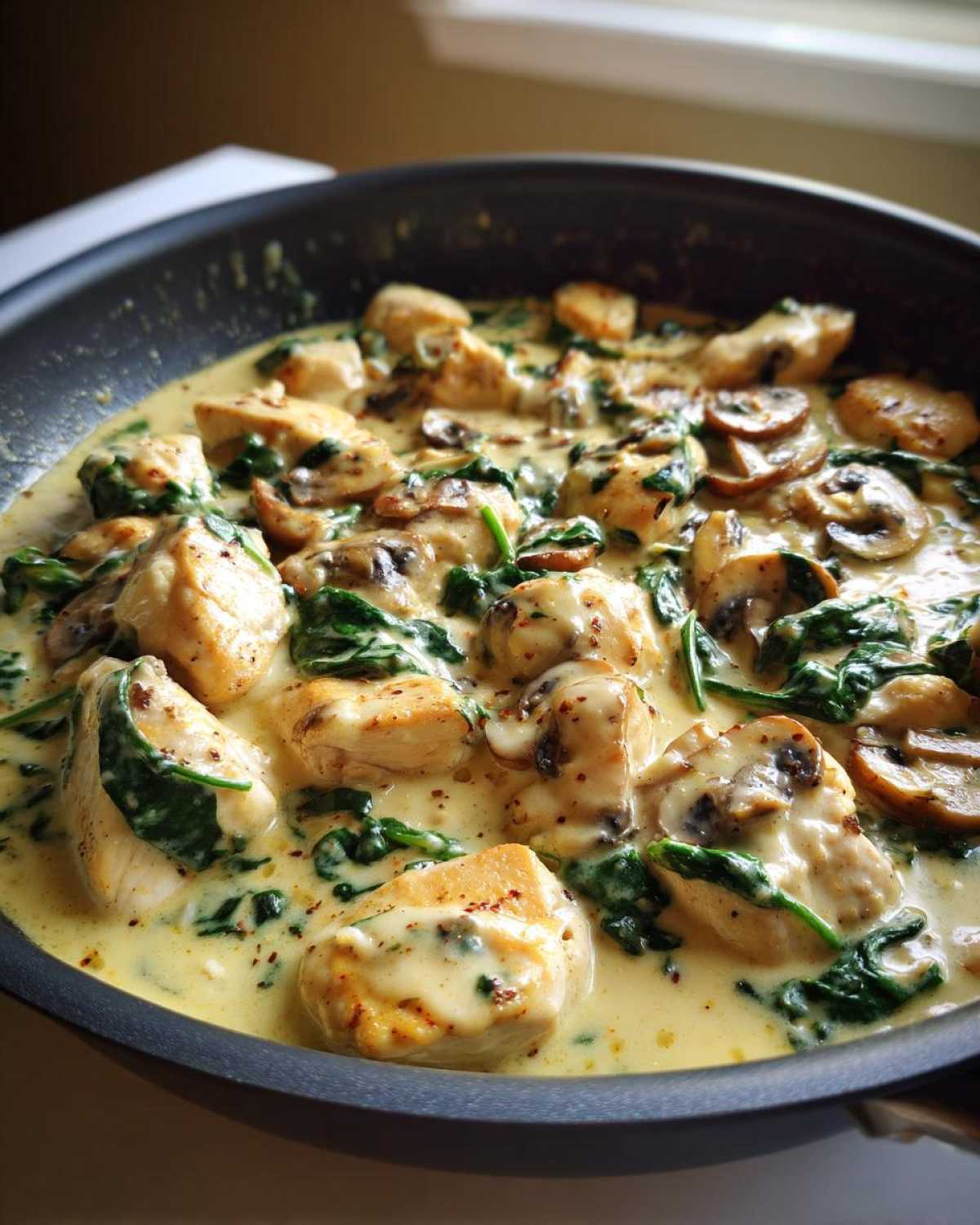 Close-up view of seared chicken pieces simmering in a rich, creamy sauce with mushrooms and wilted spinach in a black skillet.