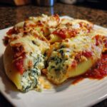 Close-up of baked Creamy Spinach and Ricotta Stuffed Shells topped with melted cheese and marinara sauce.