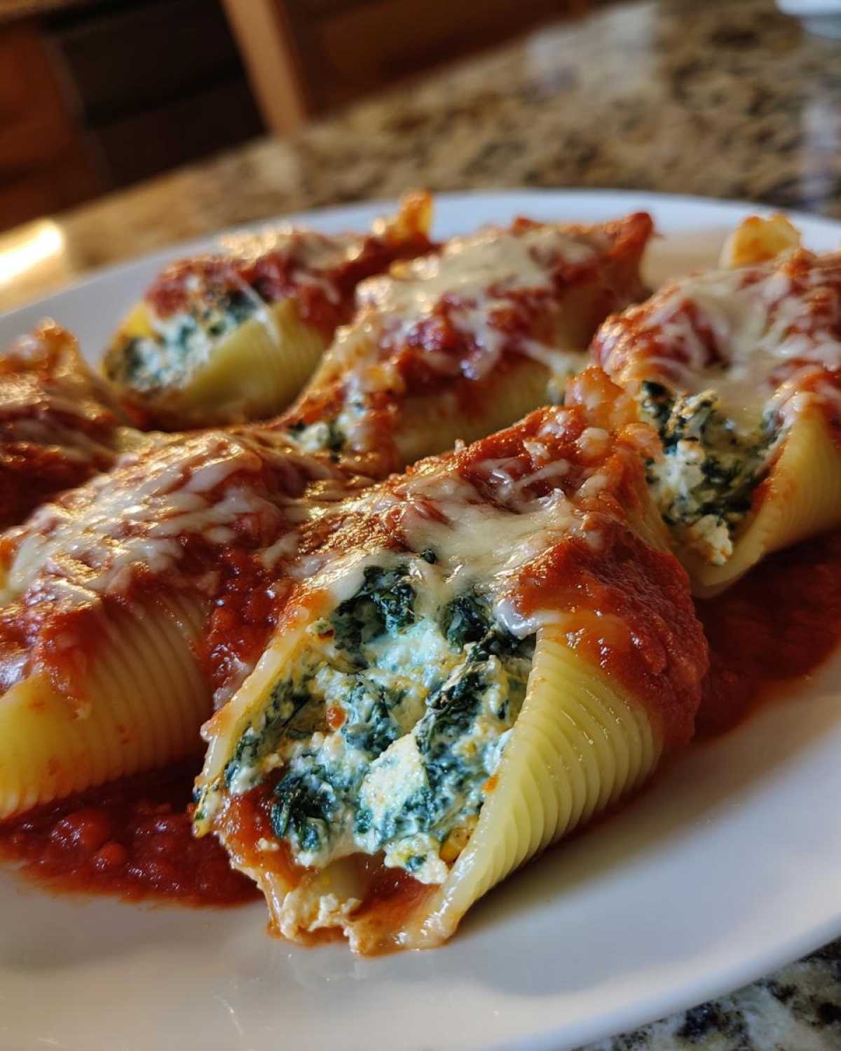 A plate of baked Creamy Spinach and Ricotta Stuffed Shells covered in marinara sauce and melted mozzarella cheese.