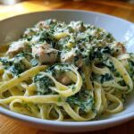 A close-up of a bowl filled with Creamy Spinach Pasta with Chicken Dinner, topped with Parmesan cheese.