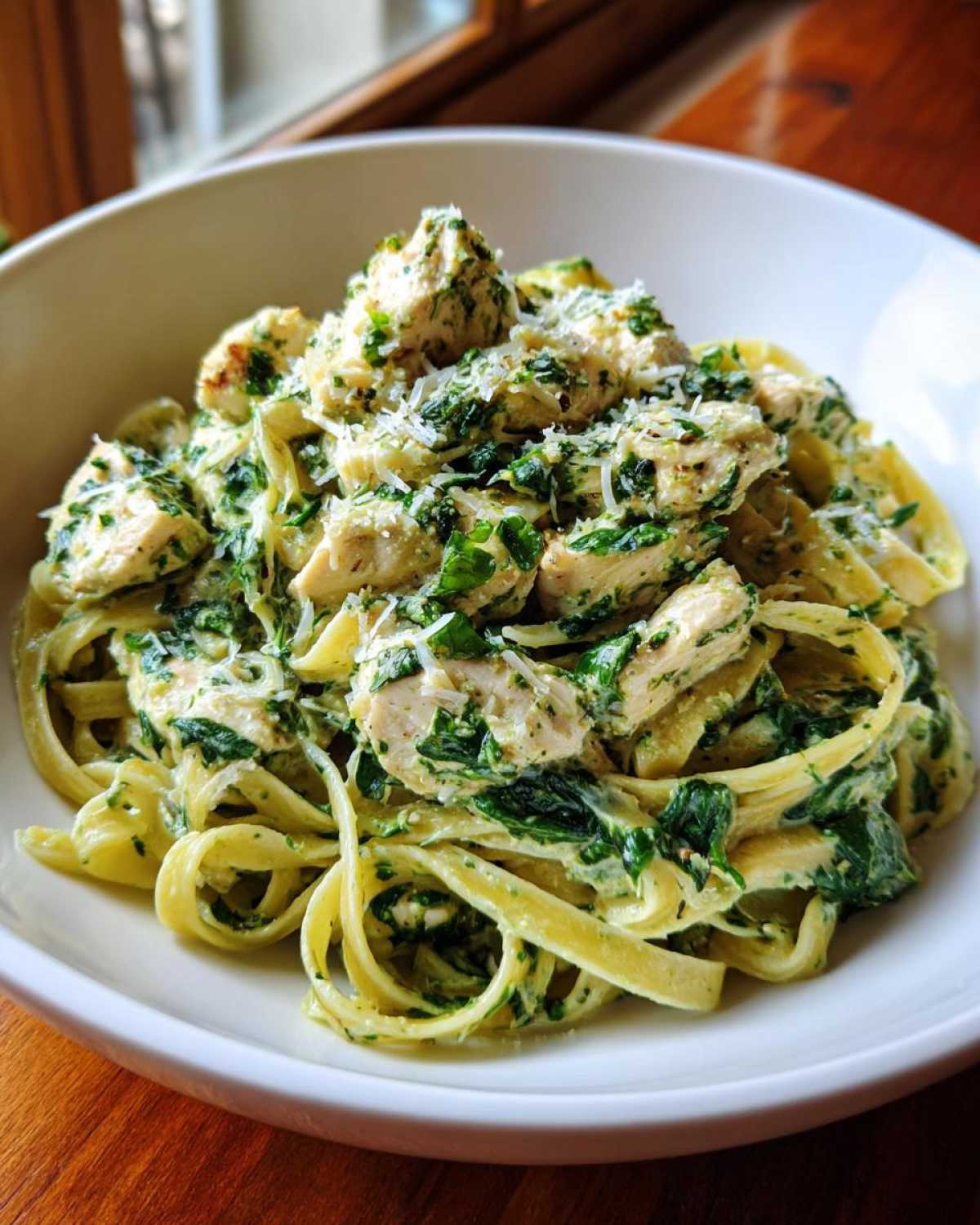 Close-up of a white bowl filled with creamy spinach pasta with chicken dinner, topped with grated parmesan.