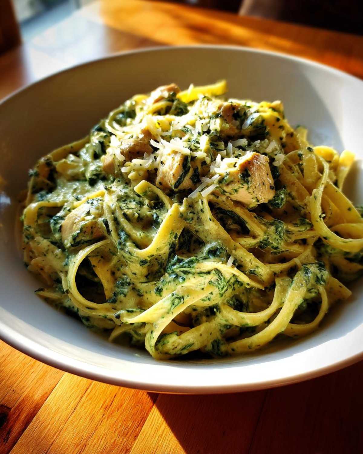 A close-up of a bowl filled with fettuccine pasta coated in creamy green spinach sauce and chunks of chicken, ready for a Creamy Spinach Pasta with Chicken Dinner.