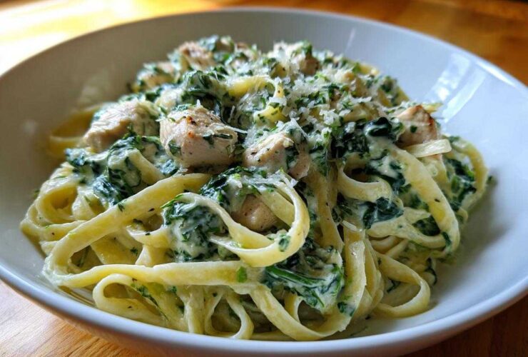 A close-up of a bowl filled with Creamy Spinach Pasta with Chicken Dinner, topped with Parmesan cheese.