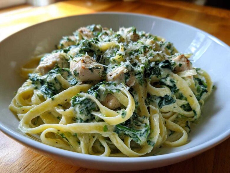 A close-up of a bowl filled with Creamy Spinach Pasta with Chicken Dinner, topped with Parmesan cheese.
