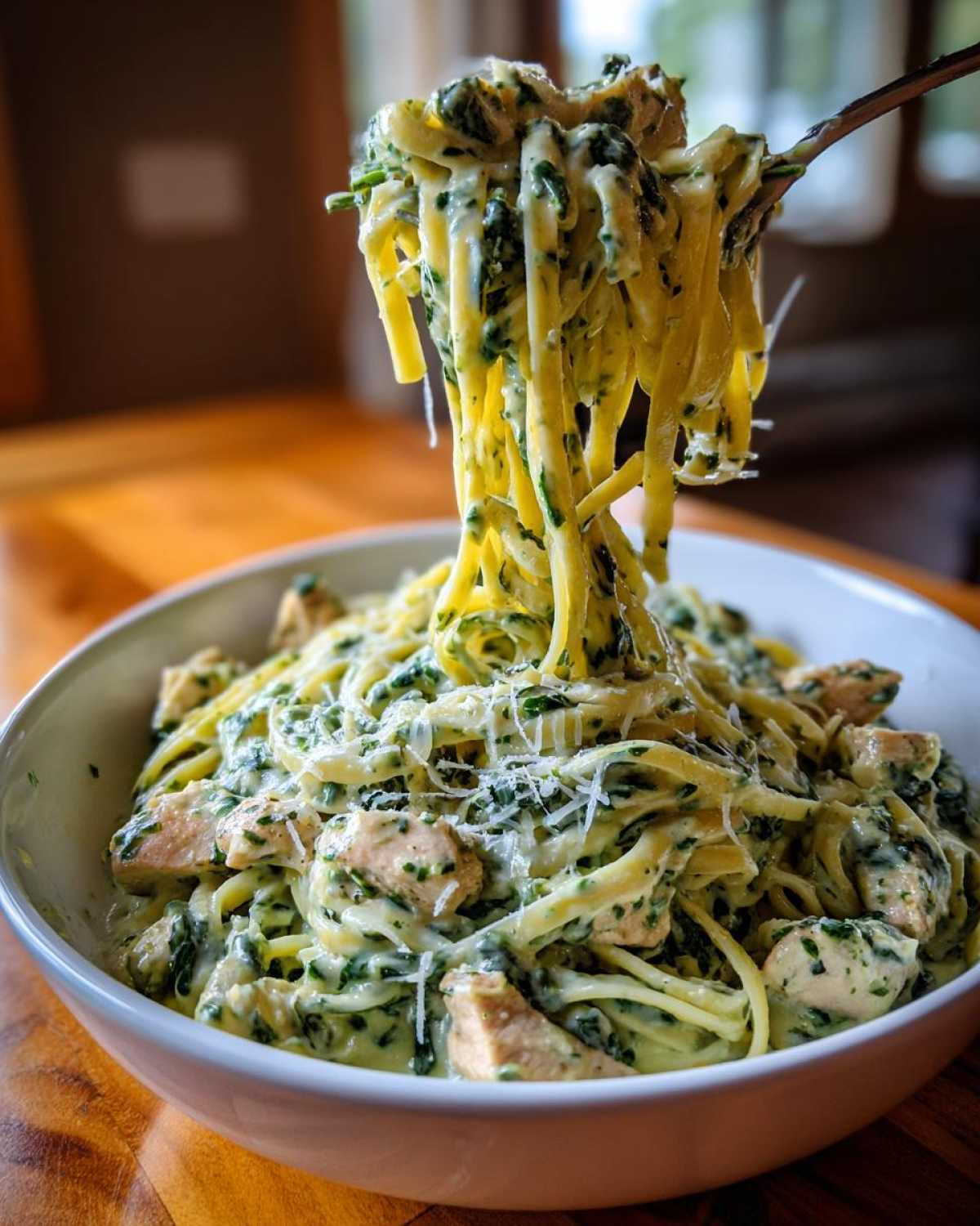 A fork twirls linguine coated in creamy spinach sauce and chunks of chicken from a bowl of Creamy Spinach Pasta with Chicken Dinner.