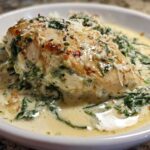 Close-up of a perfectly cooked chicken breast smothered in creamy spinach ricotta sauce, topped with grated Parmesan cheese.