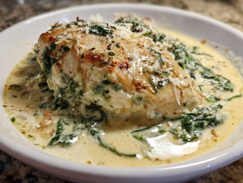 Close-up of a perfectly cooked chicken breast smothered in creamy spinach ricotta sauce, topped with grated Parmesan cheese.