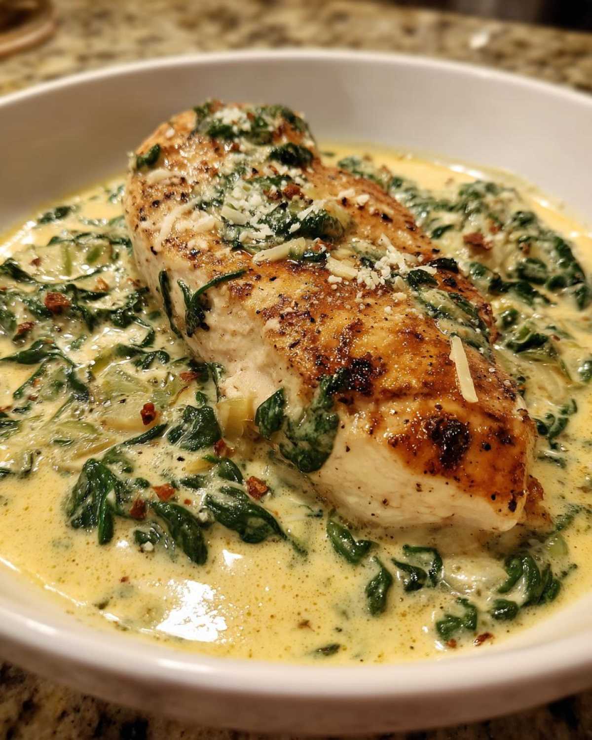 A perfectly seared chicken breast served over creamy spinach and ricotta sauce in a white bowl.