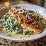 A perfectly seared chicken breast served over a bed of spinach in a creamy sauce, part of the Creamy Spinach Ricotta Chicken Skillet.