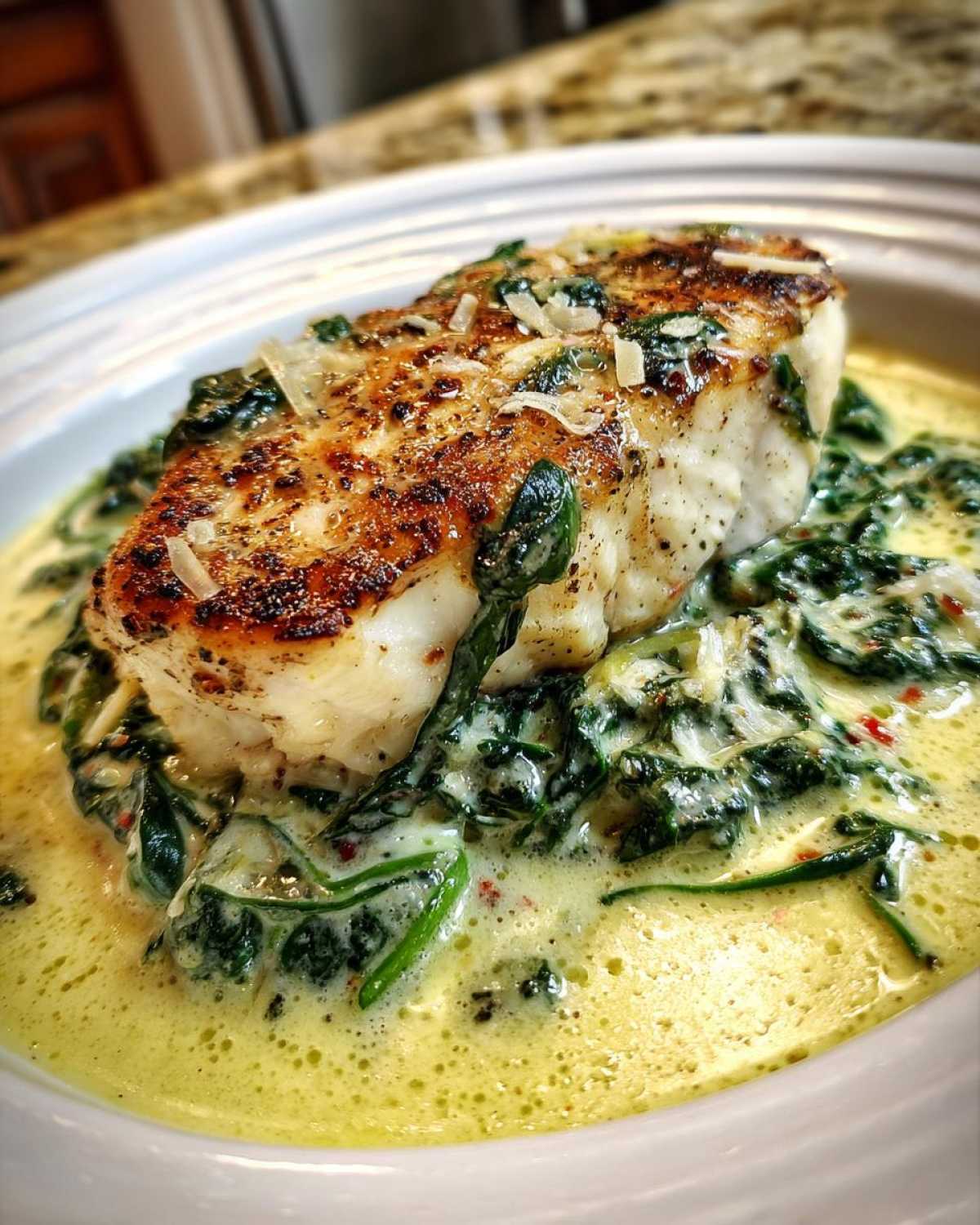 Close-up of seared chicken breast served over creamy spinach ricotta sauce in a white bowl.